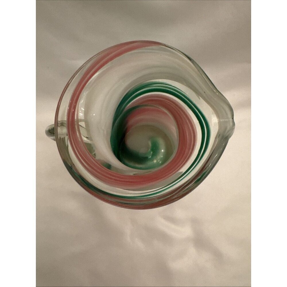 Hand Blown Art Glass Pitcher Pink And White Swirl With Handle 7” Tall - Picture 4 of 5